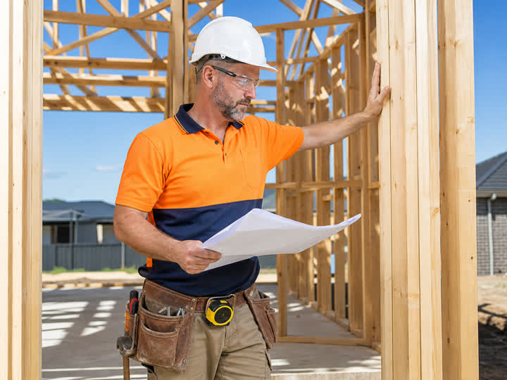 A builder checking plans in a timber-framed new home