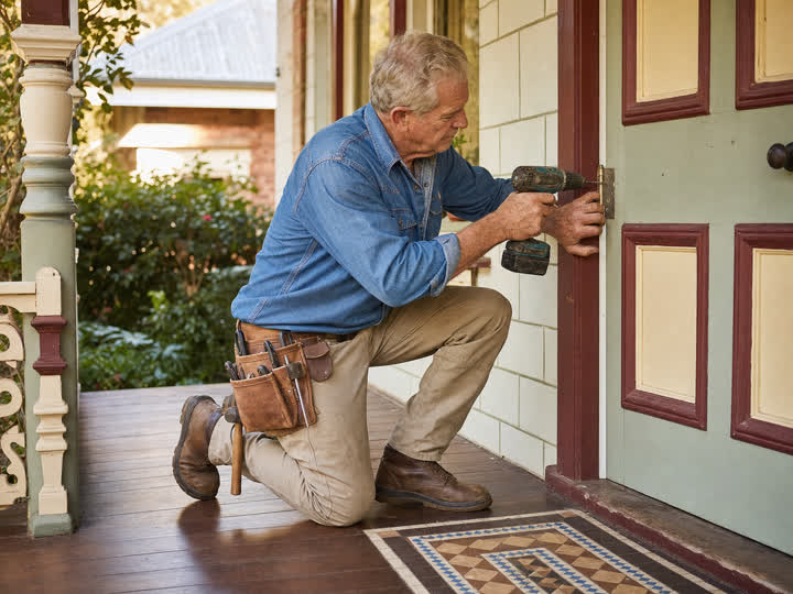 A handyman repairing a timber fence panel in a backyard