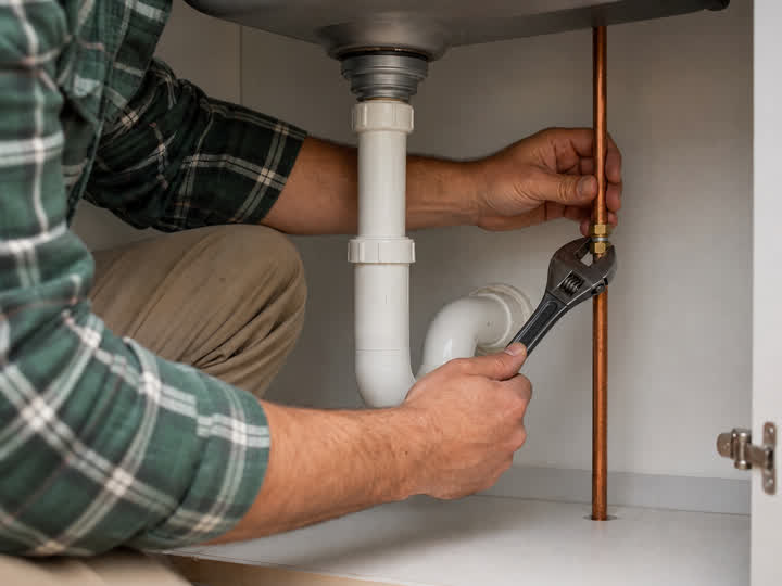 A plumber fitting pipework under a kitchen sink