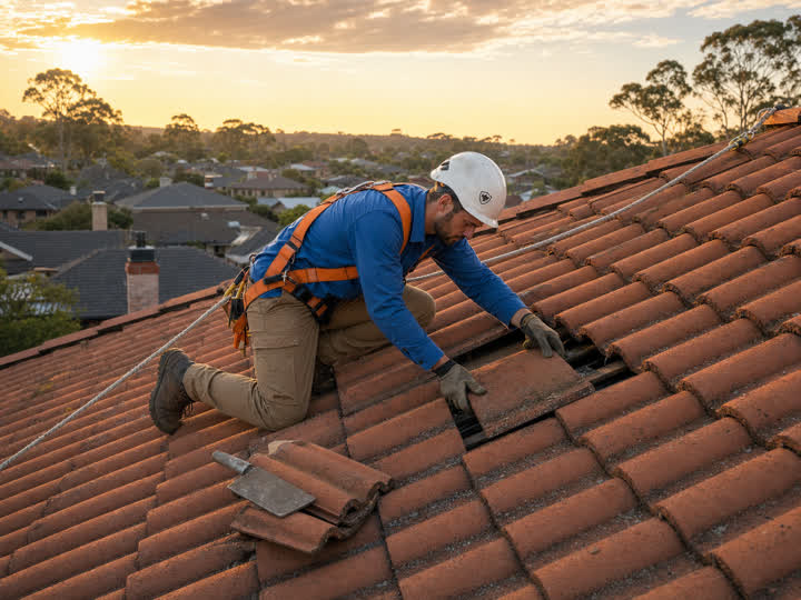 A roofer repairing tiles on a suburban house roof